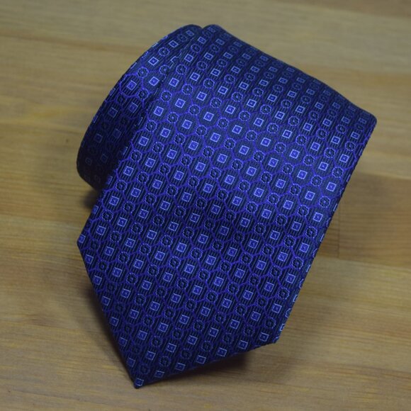 $490 New BRIONI Navy Blue Aqua Micro Squares Geometric Handmade Silk Neck Tie - Picture 10 of 16